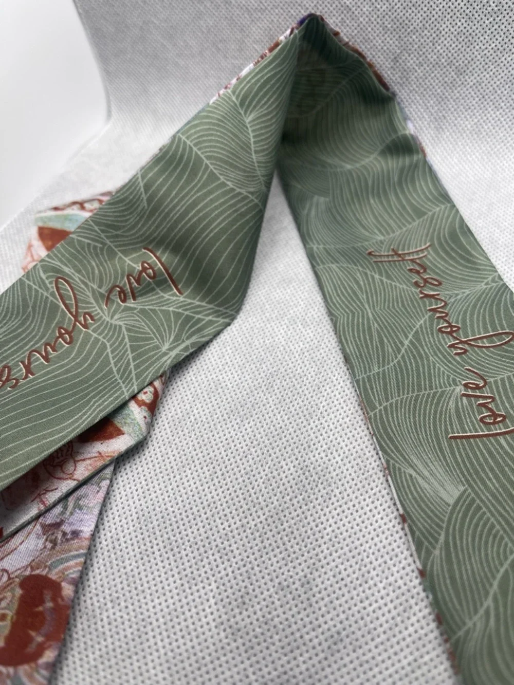 Silk Scarf Ribbon with Botanical Green & Multi Artwork